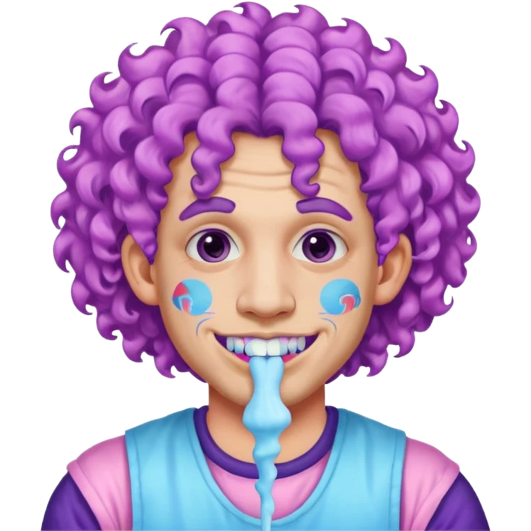 very colorful puffy violet curly haired man made out of cotton candy wearing teeth-braces and excessive face tattoos just face  emoji