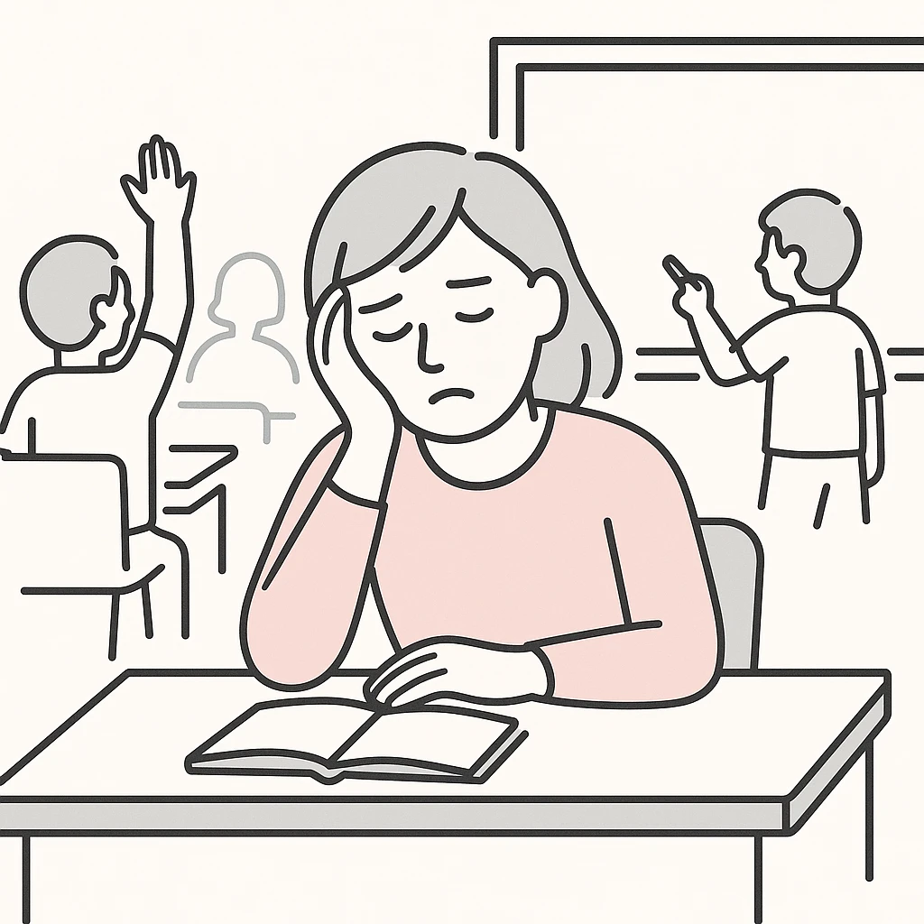 exhausted teacher in a bustling classroom emoji