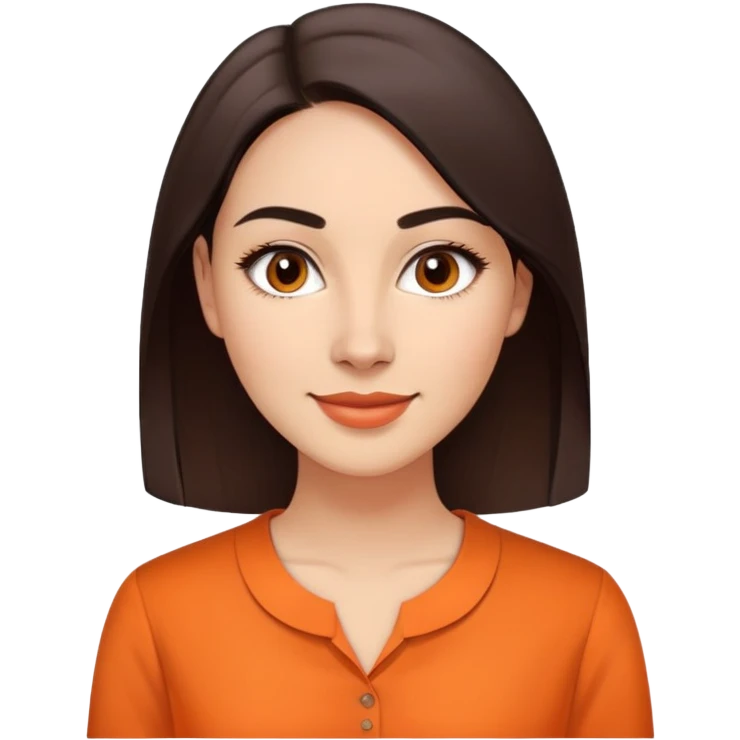 Young woman in her 30s with light skin, oval face, soft features, large dark brown eyes, medium eyebrows, small nose, friendly smile, long straight dark brown hair, wearing an orange elegant blouse emoji