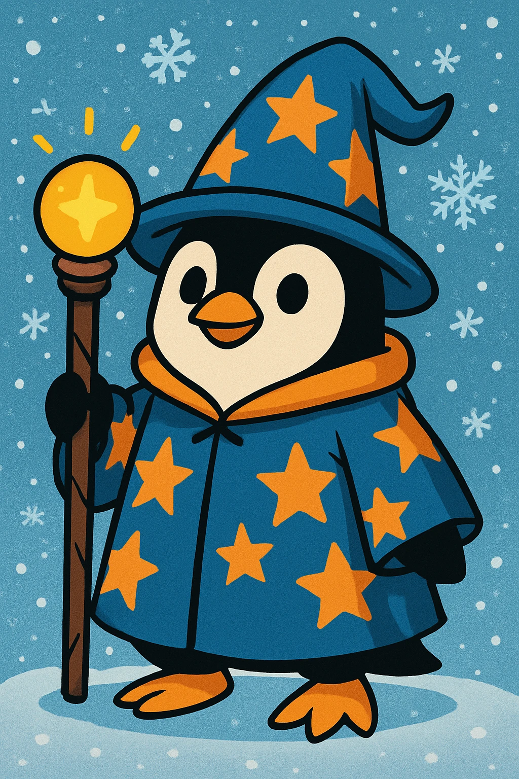 Add a snowy background to the penguin wizard scene, keeping the fun and whimsical vibrant toon style. emoji