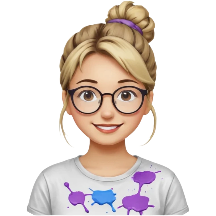 Artist Woman – messy bun, round glasses, paint stains on shirt.














































 emoji
