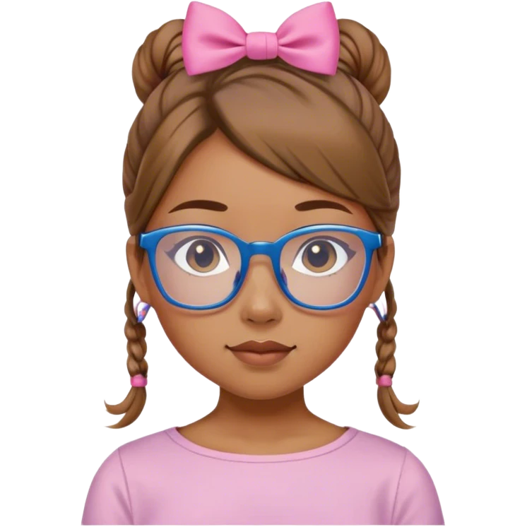 A caramel girl with a ponytail and pink bow blue glasses and a cute sage square neck shirt emoji