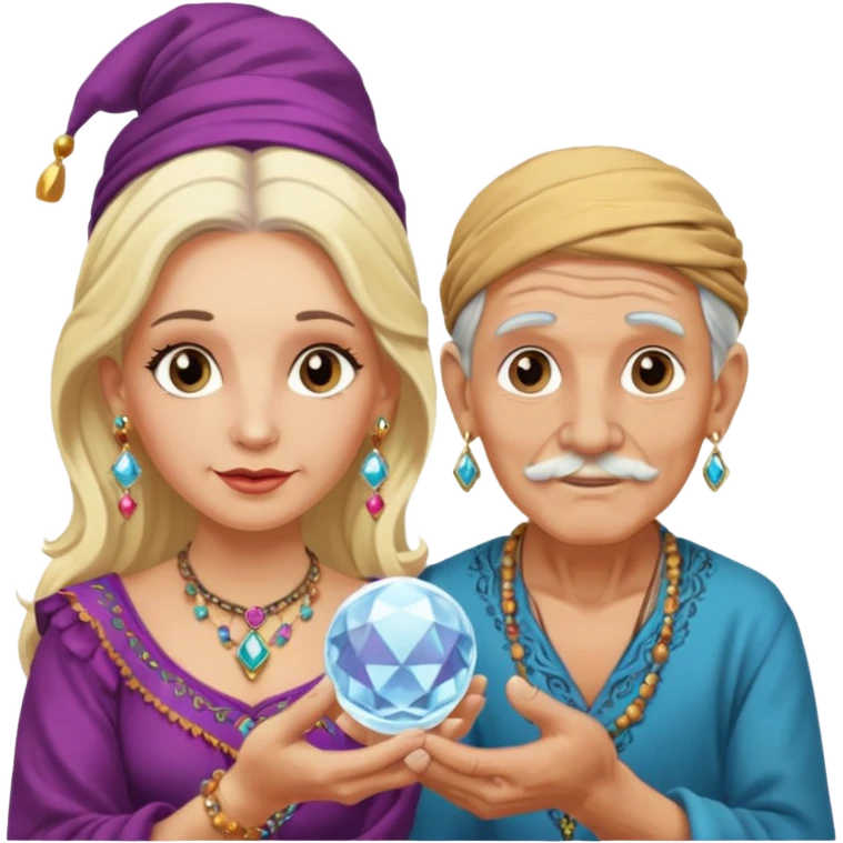 Elderly cleanshaven male gypsy with earrings and blonde female gypsy holding a crystal ball emoji