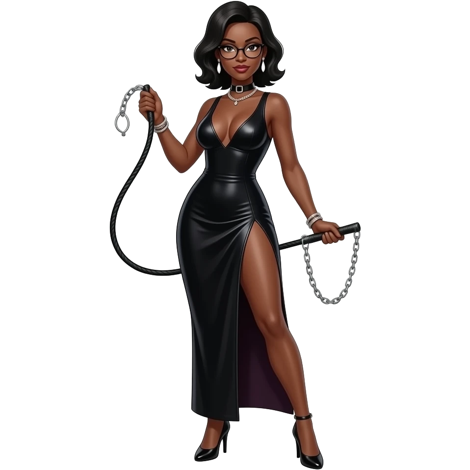 femme africaine dominatrice tres mince et tres  noire visage 50 ans fin lunettes debout robe decolletee profond fluide fendue  une jambe nue passant dans la fente fouet souple dans la main chaine dans la main droite droite talons aiguilles debout emoji