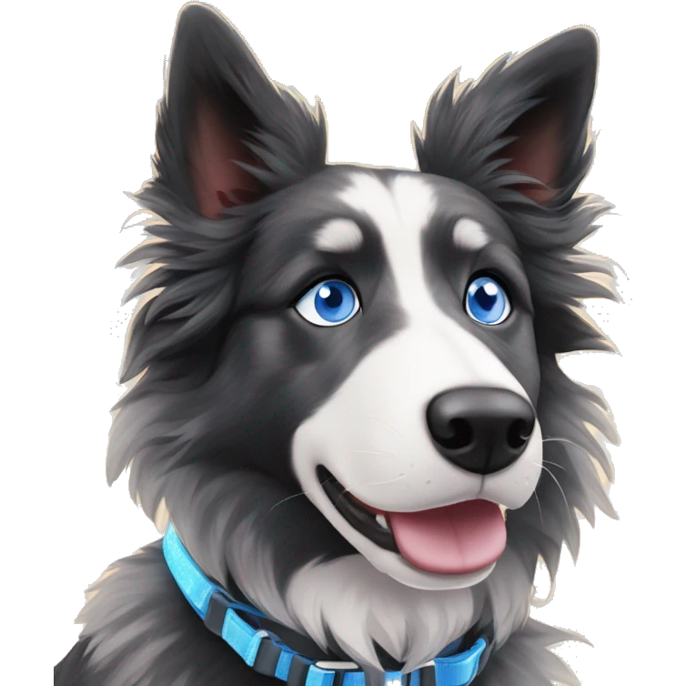  Black spotted brindle fluffy collie husky lurcher fox blue eyes fluffy ears and holographic harness running emoji