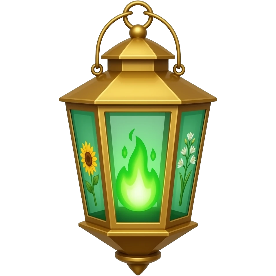 A golden hanging lantern with a bright emerald flames, an empty loop on top, sunflower & asphodel themed lantern, but simple focus more on the green flames, paint the glass more green, have its bottom point come to some sort of point emoji