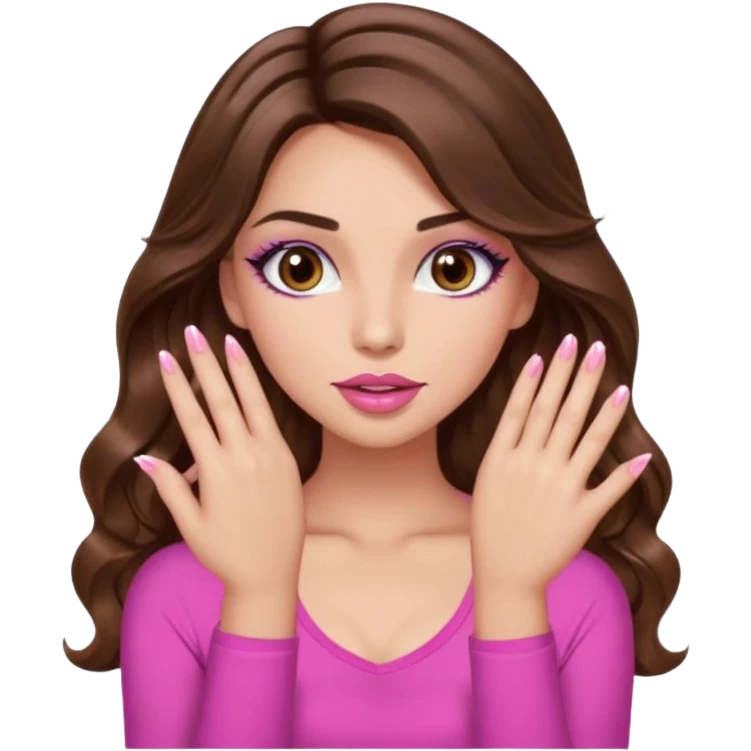 girl with long wavy brown hair, brown eyes, light to medium complexion, in a pink sexy top, pink lips, long lashes, puckered lips, showing my manicure one hand 5 fingers emoji