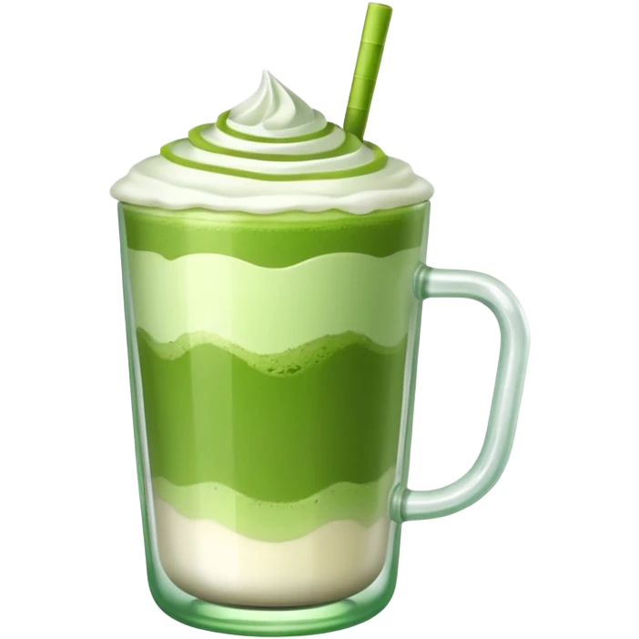 matcha latte in a clear glass with green layers and frothy top emoji