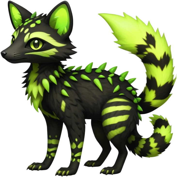 Rare realistic black edgy toxic radioactive-themed black fur with neon-lime-green-glowing  epic handsome gorgeous aesthetic vibrant Vernid-Trico-Genet-species-hybrid-Fakemon-creature by LiLaiRa, 4 legs, 1 tail, random markings, (full body) with tiny spikes emoji