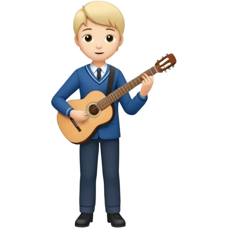 Teen boy – wearing school uniform, holding classical guitar, practicing chords. full body emoji