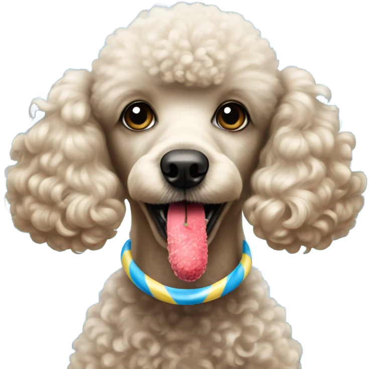 poodle holding blue and yellow candy cane in its mouth emoji