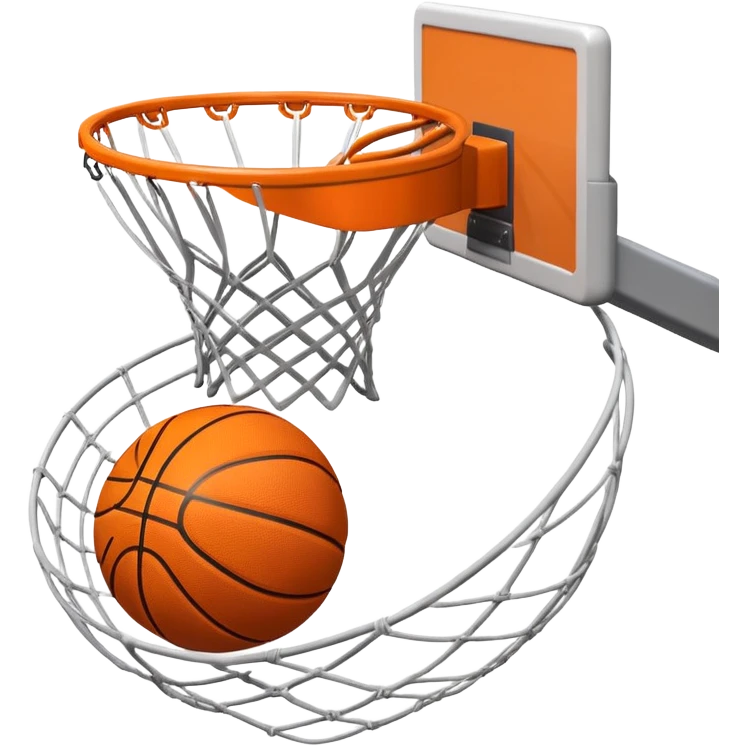 A close-up of a basketball swishing through the hoop, with the net slightly bouncing. The background features a blurred basketball court, capturing the excitement and precision of scoring in the game. emoji