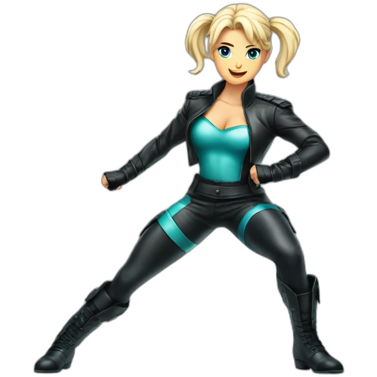 1 girl, leather suit, latex legwear, leather skirt, platinum blonde hair, ponytail, smirk, aqua eyes, leather boots Victory pose, Fighting stance emoji
