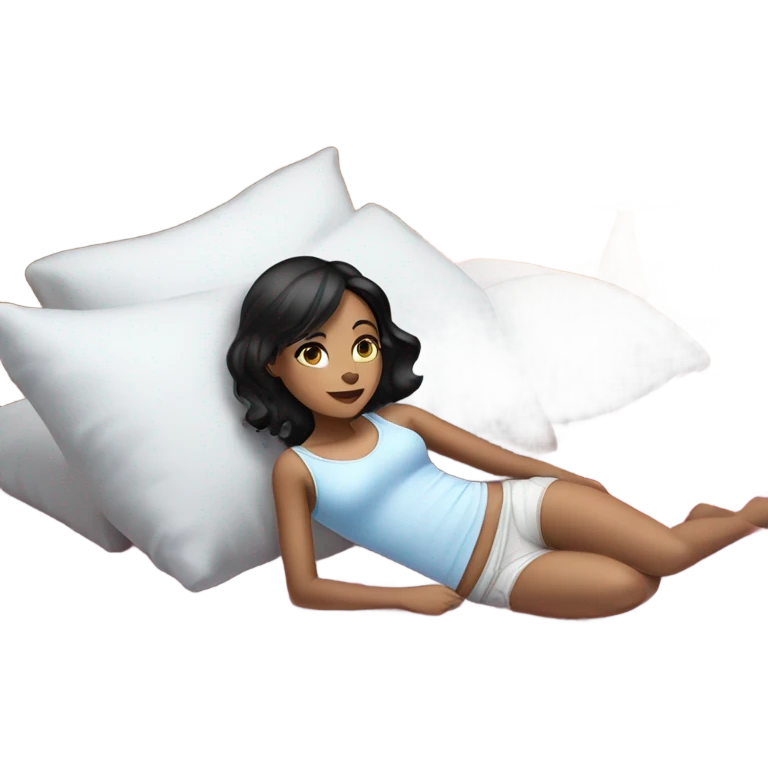 a black-haired girl with blue eyes and fair skin, lying on the bed in a white top but covered by a plaid, the straps are visible, the plaid is pink emoji