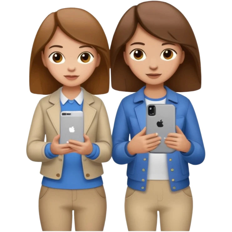 two brown haired girls, looking professional maybe leaned on each others back and looking forward and using phones, with longer hair and with some cute clothes without ties, one girl can hold lap top another one can hold the phone emoji