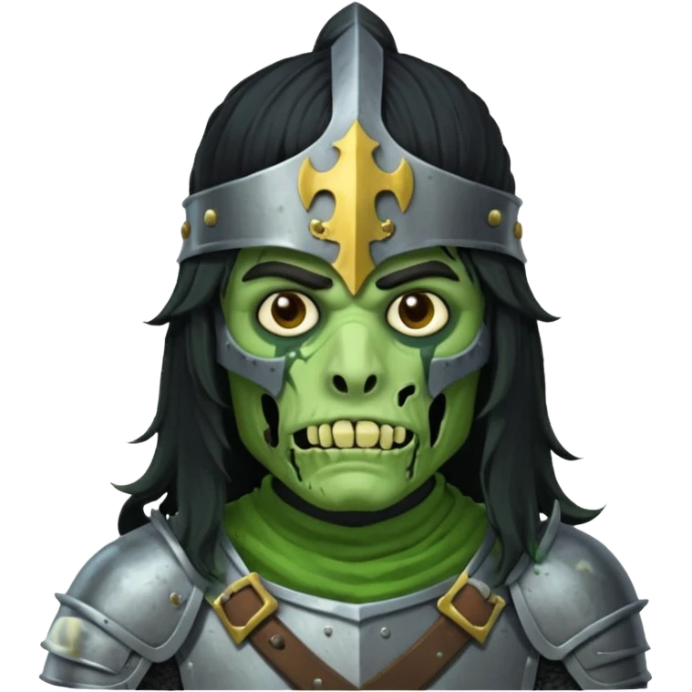 a male with long black rough hair wearing a knight helmet with green zombie skin emoji