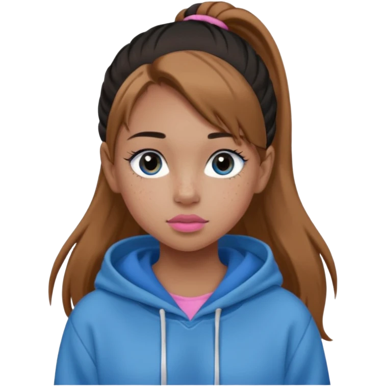 Create a teenage girl with straight light brown hair pulled into a ponytail, tan skin, light freckles, and blue-grey eyes. She will have pink lips and long black eyelashes. She will be wearing a big black hoodie. emoji
