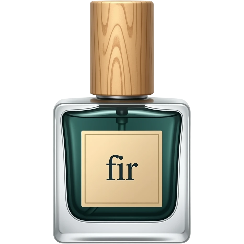 Дорогие духи амбровые с длинной деревянной крышкой и квадратным флаконом с темно-зелёной жидкостью, с бежевой этикеткой и надписью ель emoji