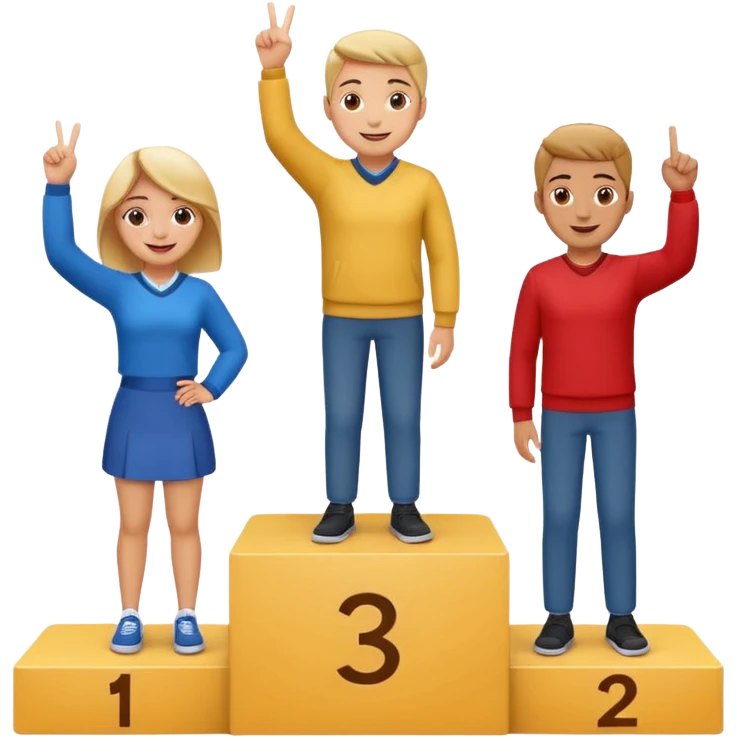 three casually dressed people on a winners podium labeled 2, 1, 3 from left to right, each on their step, center person on 1 holding up one finger on each hand, fun expressive cheerful emoji style emoji