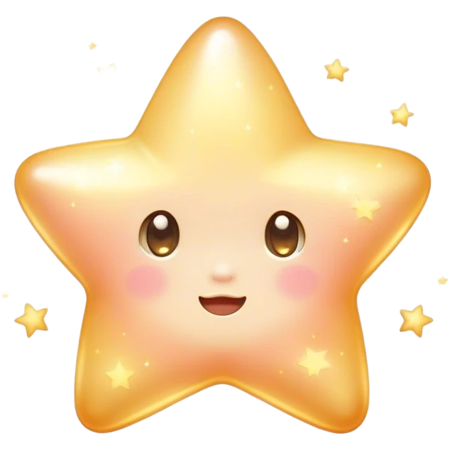 Cinematic cute sparkling star, chubby rounded edges, golden glow, tiny blushing cheeks, warm and gentle shine, twinkling softly in a pastel night sky. emoji