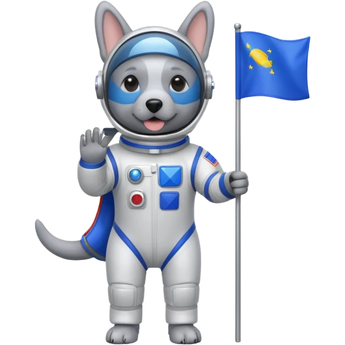 a gray dog in space suit, holding blue rectangle flag, full body, front view emoji