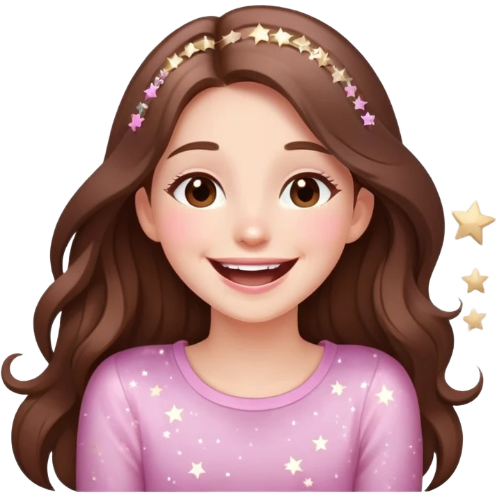 girl with long brown hair laughing with stars and sparkles, light beige and pink color scheme girl with long brown hair laughing with stars and sparkles, light beige and pink color scheme emoji