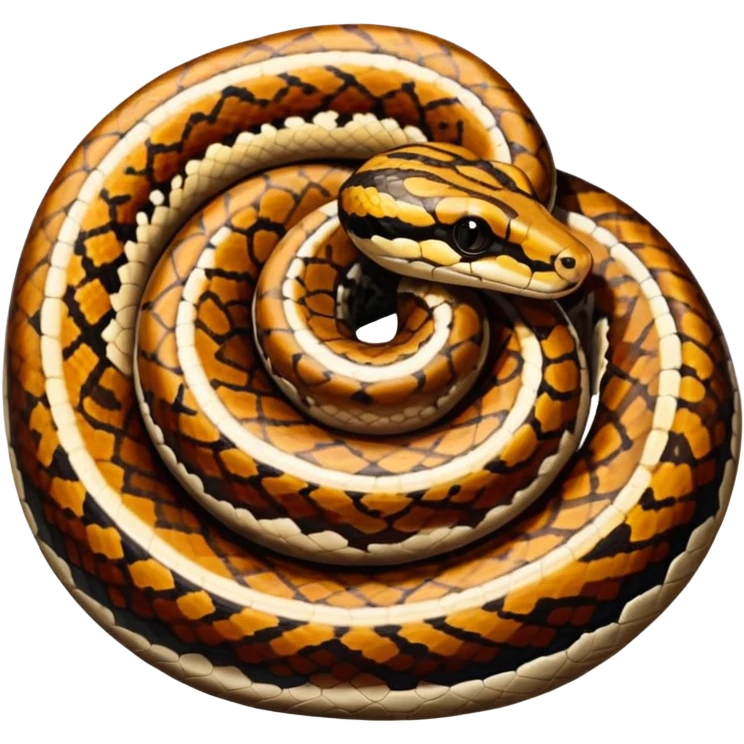 A photo-realistic top-down view of a Ball Python gently coiled into a tight spiral, with its head resting peacefully at the center. Its scales are warm brown with bold, irregular black markings, including the distinctive “alien-head” pattern, flowing smoothly along its body.  emoji