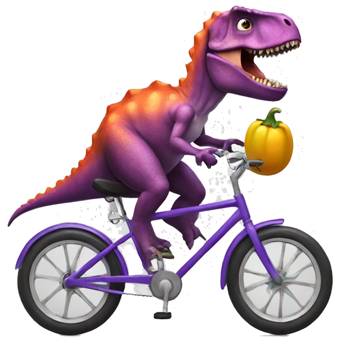 dinosaur riding a bike and eating an eggplant emoji