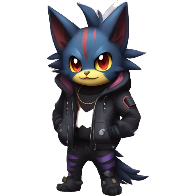Cool Anthro Black Noibat-Quilava-Litten-Pokémon with edgy stripes hoodie spiked collar punk Full Body emoji