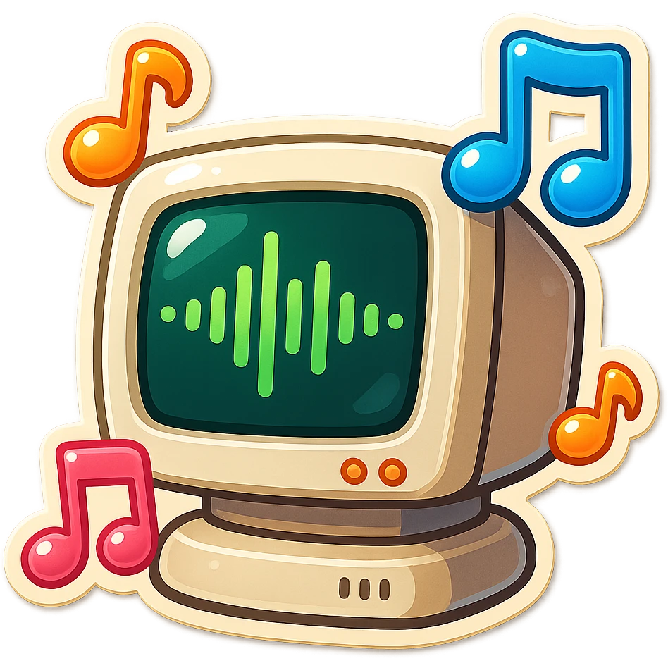 A classic CRT monitor with an audio waveform on the screen, surrounded by floating musical notes, lively and dynamic retro style emoji