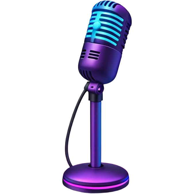 desktop studio microphone in profile view with neon glow effect, blue and purple neon glow on top left, pink neon glow on bottom right emoji