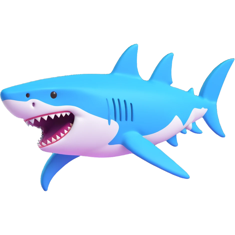 3D cartoon style emoji of a shark with a video game look, the shark is shaking as if in a glitch effect, fun and energetic emoji