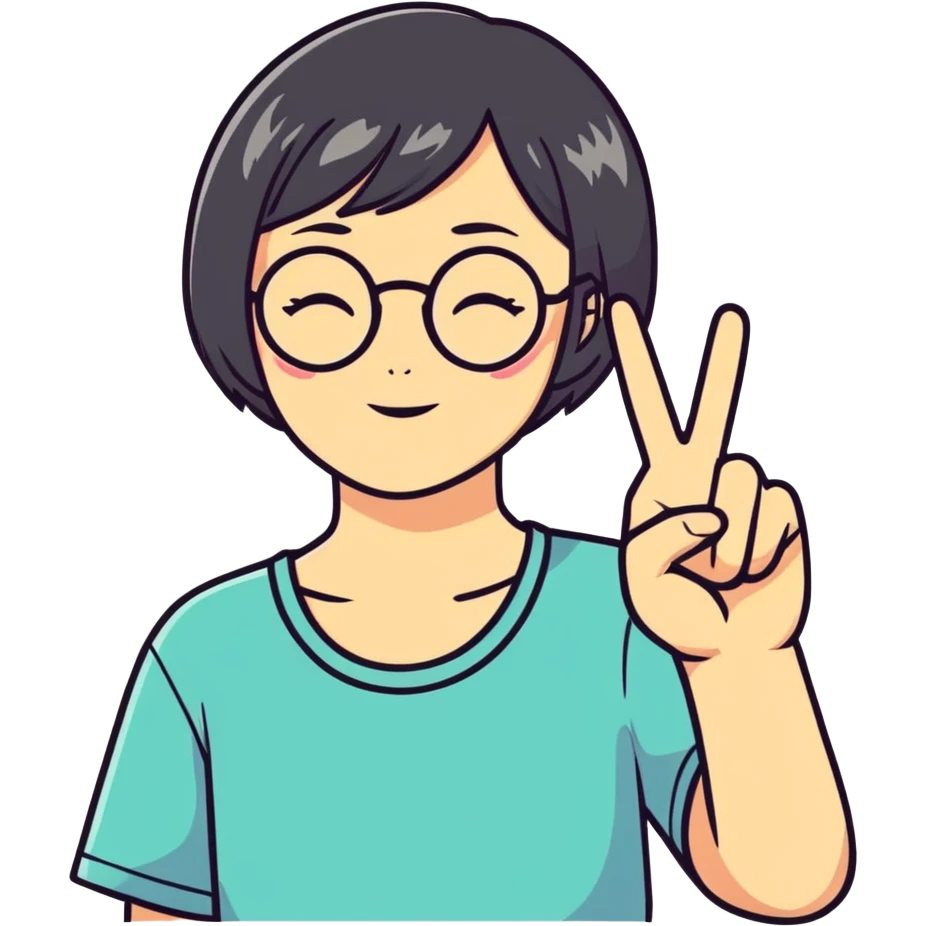 Short haired girl with glasses giving peace sign emoji