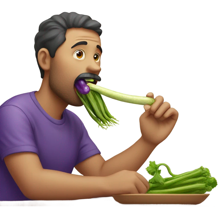 Man putting a purple long vegetable in his mouth so as to eat it emoji