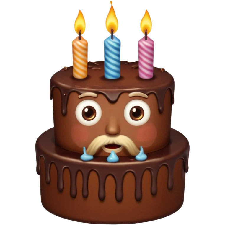 chocolate birthday cake with eyes and candles and beard emoji