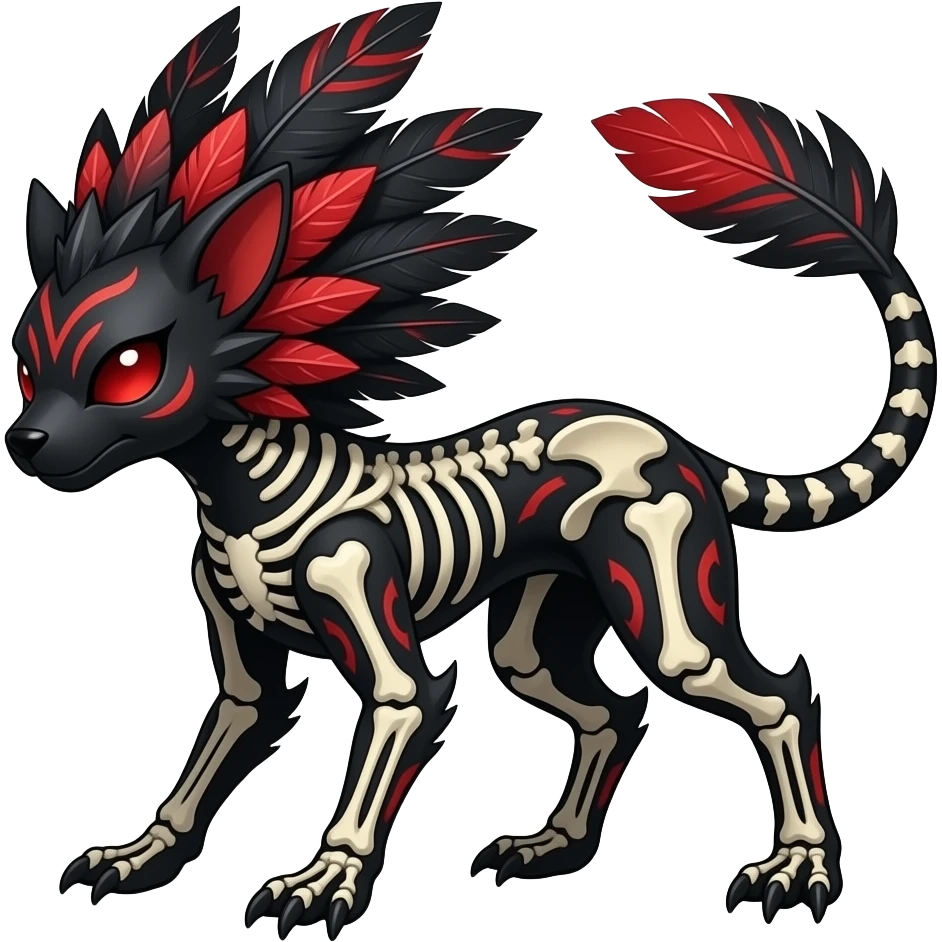 Rare black and red realistic dark edgy tropical tribal patterned feathery skeletal badass epic handsome gorgeous aesthetic colorful vibrant Vernid-Trico-species-Fakemon-creature by LiLaiRa, 4 legs, 1 tail, random markings, (full body) emoji