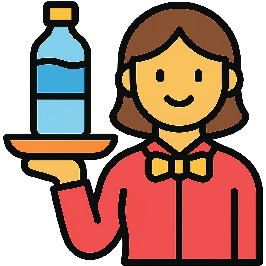 premium water bottle exposed on a premium plate by a high standard waitress emoji
