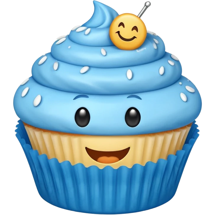 Blue cupcake with a happy face emoji