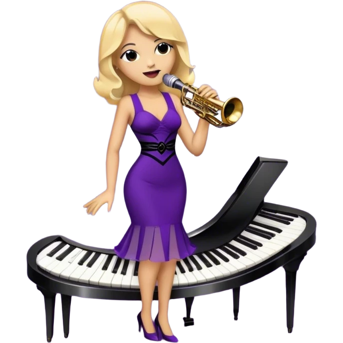 Create a vibrant and expressive emoji representing jazz vocal performance. The design should feature a vintage microphone at the center, surrounded by musical notes and soundwaves flowing outward, symbolizing the vocal improvisation and fluidity of jazz. Include key instruments often associated with jazz vocals, such as a jazz piano (stylized black keys) in the background and a saxophone or trumpet, giving it a true jazz vibe. Add soft lighting effects to evoke the intimate, atmospheric feel of a jazz club. Use rich colors like gold, black, deep purple, and red to reflect the soulful, smooth nature of jazz. The background should be transparent. emoji