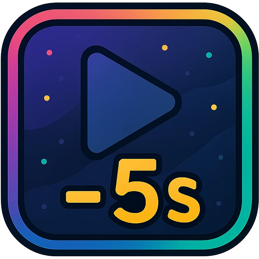 -5 sec icon with dark purples, blues, black base, neon glowing border, sophisticated nebula gradients, subtle small stars, clean lines, minimalistic, luminous effect, accent colors cyan, pink, yellow, green, orange, professional look, consistent with media controls set emoji