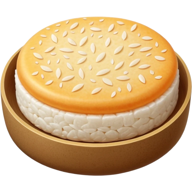 single round rice cake with light puffed texture, pale off-white color, speckled with tiny grains and air pockets, slightly uneven matte surface, crisp edges, delicate crunchy appearance, no packaging, no toppings, no extras, soft lighting, subtle shadows, emoji scale emoji