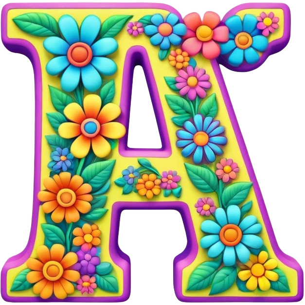 3D style, psychedelic colored Letter A with hippie style flower border emoji