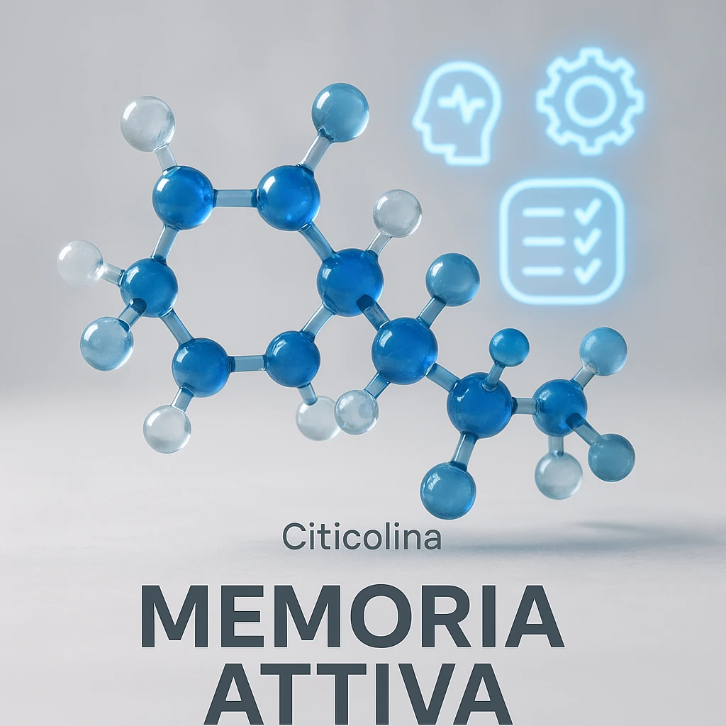 Citicolina che stimola la memoria, iper realistico, molecola blu che attiva simboli di memoria, scritta 'Memoria attiva', atmosfera clinica, sfondo chiaro emoji