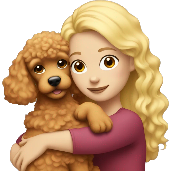 A girl with blonde hair hugs a red poodle emoji
