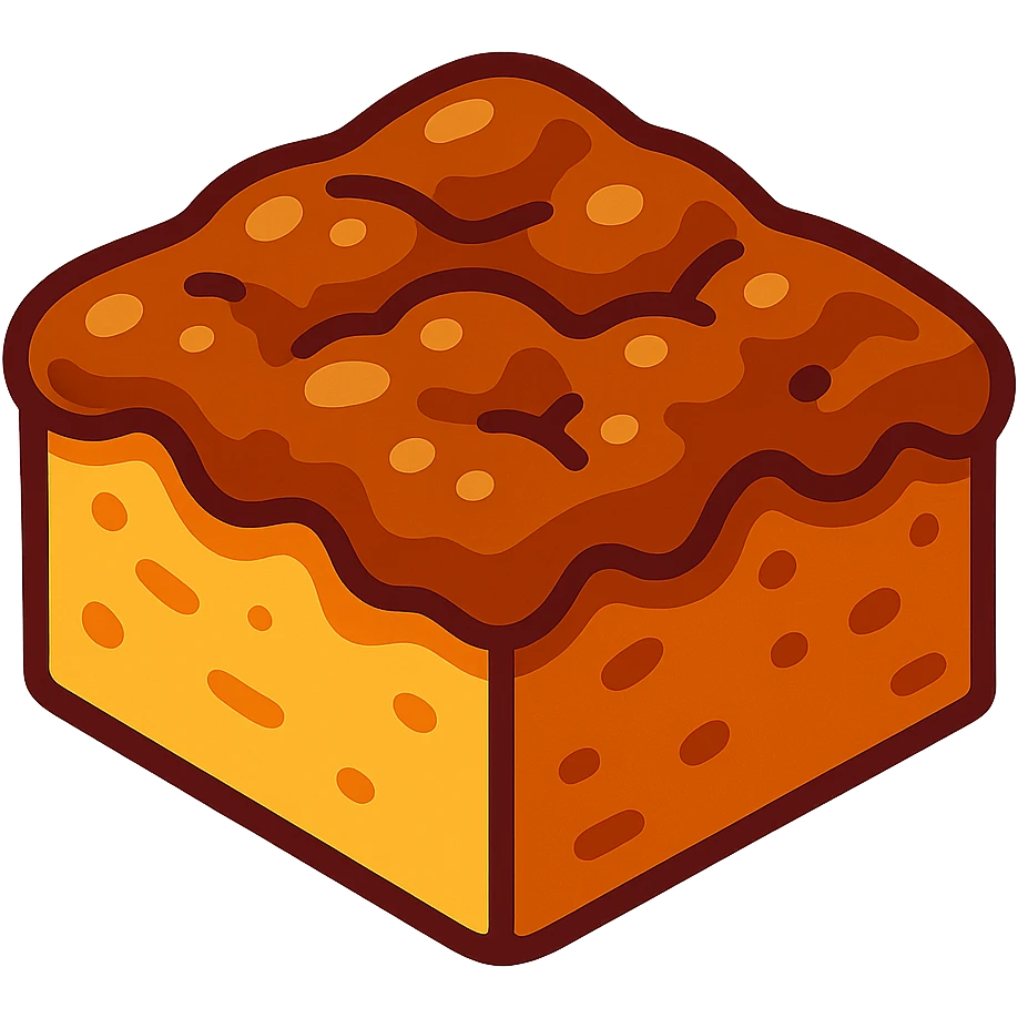 a piece of brunsviger, traditional Danish cake from Funen, with brown sugar topping, vibrant toon style emoji