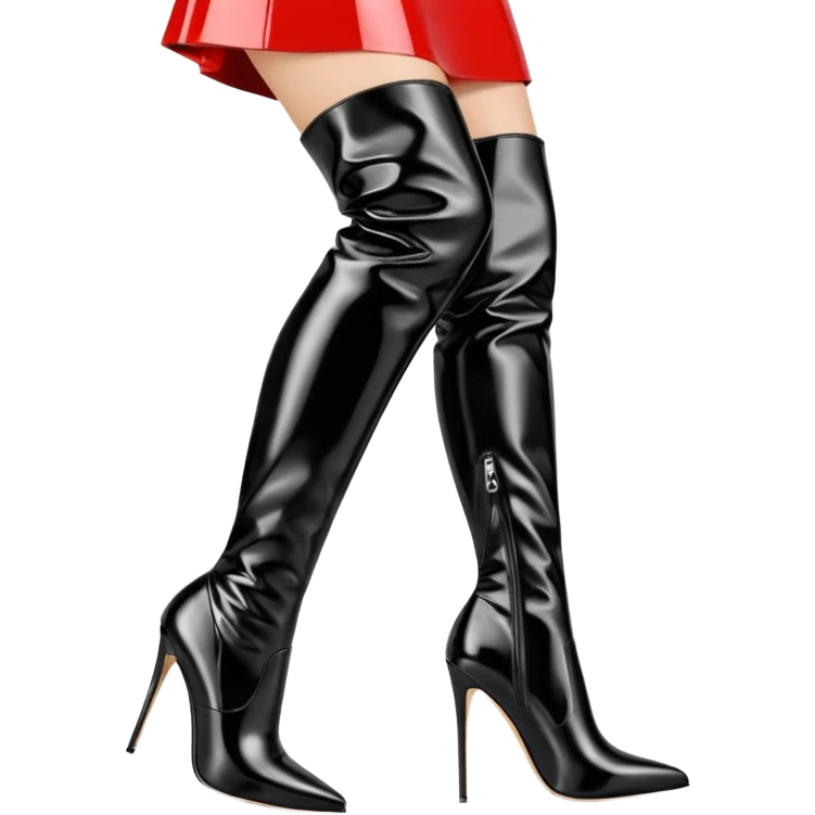 Black aesthetic wide-fit thigh-high boots, loose shaft, glossy patent leather, sharp stiletto heel, elegant silhouette, minimal background, soft studio lighting, luxury editorial style, dramatic shadows, ultra detailed. emoji