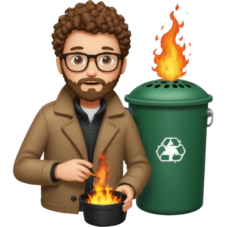 curly skinny guy with bear and glasses, heating in front of a trash bin on fire  emoji