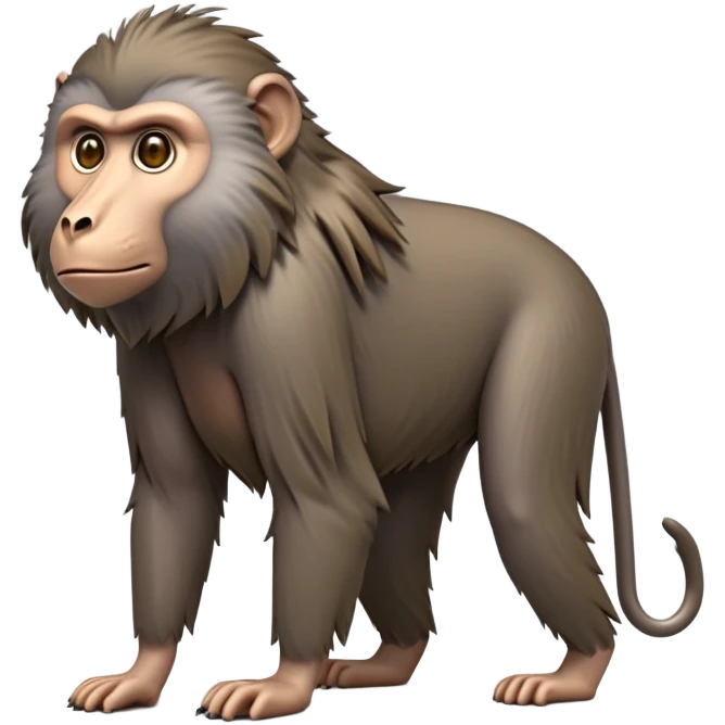 cinematic-hairy top half baboon-full-body-standing on all fours-emoji,-head-tilted-dramatically,-thick-grey-and-brown-fur,-simplified-yet-realistic-focused-features,-highly-detailed,-glowing-with-an-almost-sarcastic-glow expressive eyes, hairy mane emoji