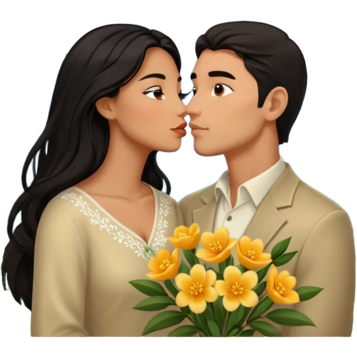 Kissing Couple traveling in Montenegro russian man and elegant  Latina girl delicate flowers and mountains in the background  emoji