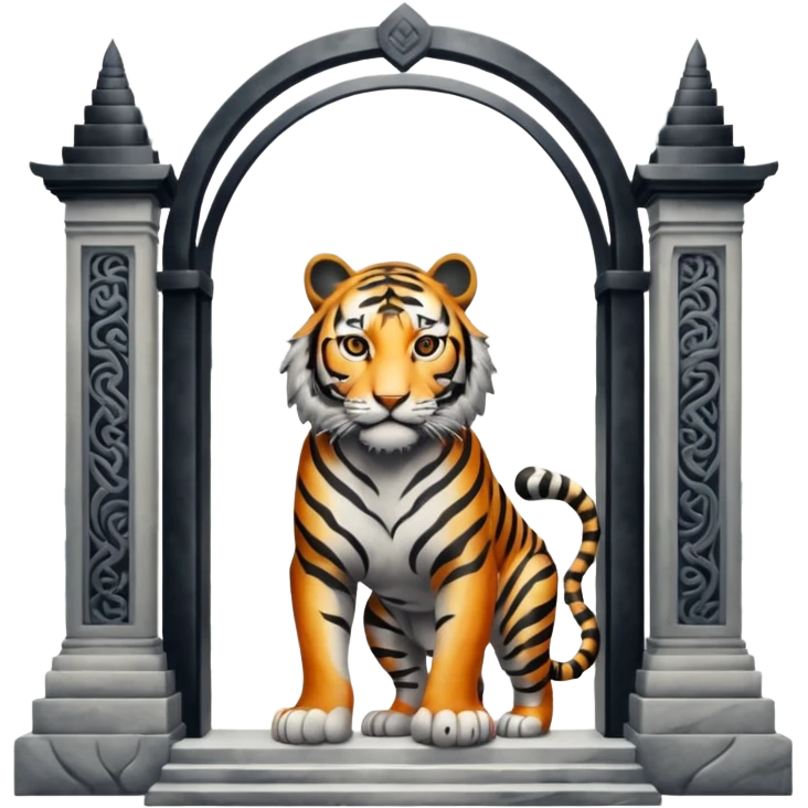 Traditional Chinese ink painting style emoji. A powerful tiger (like the ancient character 虎), standing guard in front of mystical gates (門). Energy swirls around him like a vortex (🌀). Minimalist, transparent background, 512x512 pixels. emoji